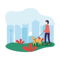 Hombre con máscara médica y perro en el parque de diseño vectorial vector