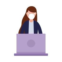 Woman with medical mask and laptop vector design