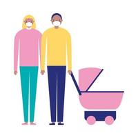 Mother father and baby with masks vector design