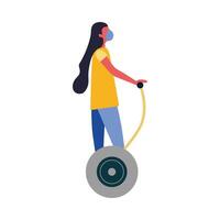 Woman with medical mask on hoverboard vector design