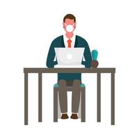 Man with medical mask on desk with laptop vector design