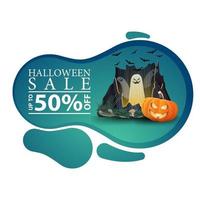 Halloween sale, up to 50 off, modern green discount banner in the form of smooth lines for your business with vector