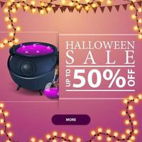 venta de halloween, banner de descuento cuadrado rosa con botón, guirnalda y olla de bruja con poción vector