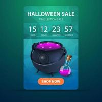 venta de halloween, banner de descuento con promociones de temporizador de cuenta regresiva, diseño de banner moderno con textura poligonal y olla de bruja con poción vector