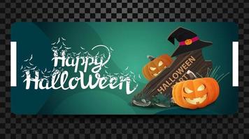 Happy Halloween, greeting grren horizontal postcard, modern design with lettering, wooden sign, witch hat and pumpkin Jack vector