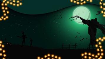 noche de halloween, paisaje nocturno con luna llena, espantapájaros, brujas y zombies, ilustración para tu creatividad vector