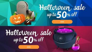 Halloween sale, up to 50 off, two horizontal web banner with polygonal texture on the background. Collection of bright discount banners for your website with beautiful three-dimensional illustrations vector