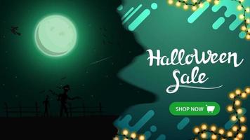 Halloween sale, modern green banner for web site with beautiful night landscape