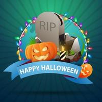 Happy Halloween, round greeting postcard with blue ribbon with congratulations, tombstone and pumpkin Jack vector