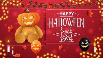 Happy Halloween, trick or treat, horizontal red greeting postcard with Teddy bear with Jack pumpkin head vector