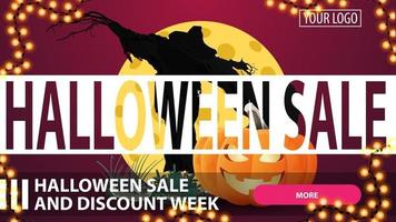 Halloween sale and discount week, horizontal pink creative discount banner with button, Scarecrow and pumpkin Jack against the moon vector