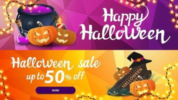 venta de halloween, hasta 50 de descuento, dos banners web horizontales con textura poligonal en el fondo. colección de banners de descuento brillantes para su sitio web con hermosas ilustraciones tridimensionales vector