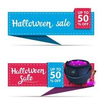 Halloween sale, two horizontal discount banners in the form of ribbon with witch's cauldron with potion vector