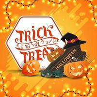 Trick or treat, square orange postcard with garland, halloween ballons, wooden sign, witch hat and pumpkin Jack vector