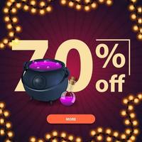 Halloween sale, up to 70 off, square purple discount banner with button, witch's cauldron with potion and garland vector