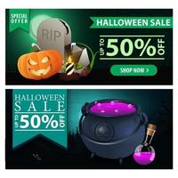 Halloween sale, two beautiful modern discount banner with night landscape on the background, tombstone, witch's cauldron with potion and pumpkin Jack vector