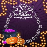 gran venta de halloween, banner púrpura de descuento cuadrado con globos de halloween, guirnalda, lápida y calabaza. banner de descuento con hasta 50 de descuento vector