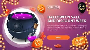 Venta de Halloween y semana de descuentos, banner de descuento rosa horizontal con globos de Halloween, calabaza, guirnalda y caldero de brujas con poción. vector