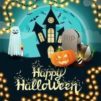 feliz halloween, postal de felicitación cuadrada con castillo viejo, luna grande llena, fantasma, lápida y gato de calabaza vector