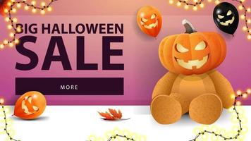 gran venta de halloween, banner rosa de descuento horizontal con globos de halloween, guirnalda y oso de peluche con cabeza de calabaza. vector