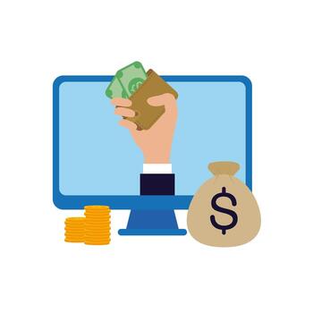 computer and hand holding wallet with bills vector design