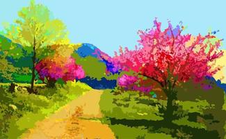 paisaje rural con árboles en flor vector