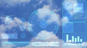 Monitor radar investigate digital technology with element monitoe of cloud sky analysis data graph bar and graphic for climate and weather video