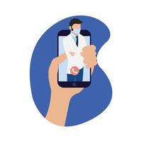 online male doctor with mask on smartphone vector design