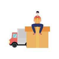 Delivery man with mask gift and truck vector design