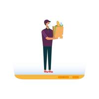 Delivery man with mask and bag on smartphone vector design