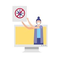 Woman with medical mask on computer with ban vector design