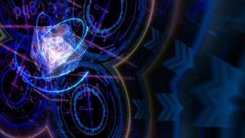 kubus en atoomenergie bewegende en kwantum futuristische technologie computer met digitale matrix en laser video