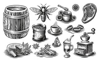 A set of black and white vector illustrations of different kinds of food