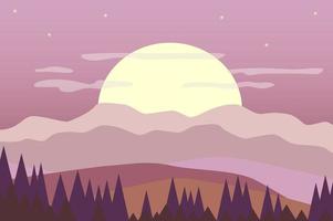 Huge sun over mountains landscape background in flat style vector