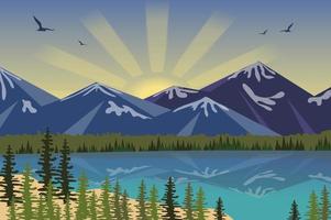 Sunrise at lake in mountains landscape background in flat style vector