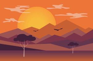 puesta de sol en el fondo del paisaje de las montañas en estilo plano vector