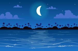 Moon over tropical island landscape background in flat style vector