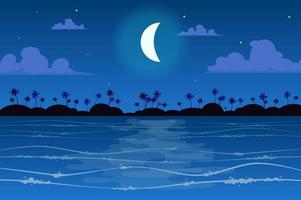 Moon over tropical island landscape background in flat style vector