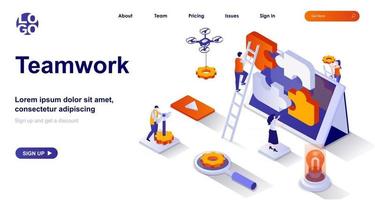 Teamwork isometric landing page. Colleagues cooperation at office isometry concept vector