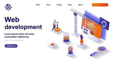 Web development isometric landing page. Development of interface site code isometry concept vector