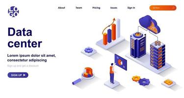 Data center isometric landing page. Operation engineer works in server racks room isometry concept vector