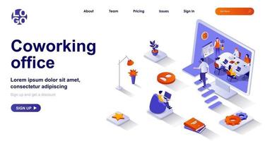 Coworking office isometric landing page. Colleagues work in open space isometry concept vector