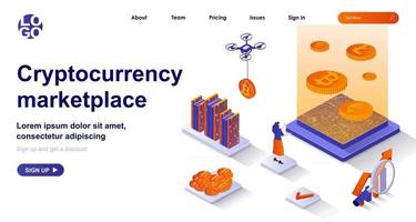 Cryptocurrency marketplace isometric landing page. Mining electronic money isometry concept vector