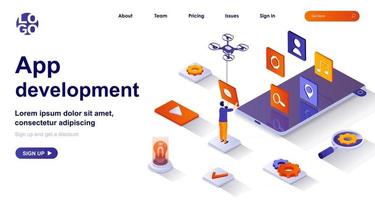 App development isometric landing page. Developer work on smartphone mobile app isometry concept vector