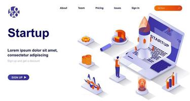 Startup isometric landing page. Launching new business project isometry concept vector