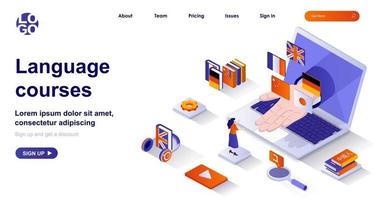 Language courses isometric landing page. Studying at language school isometry concept vector