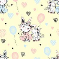 Seamless pattern with a cute baby in pajamas with his toy unicorn and balloons. Vector