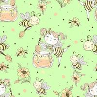 Seamless pattern with flower fairy and honey bees. Vector