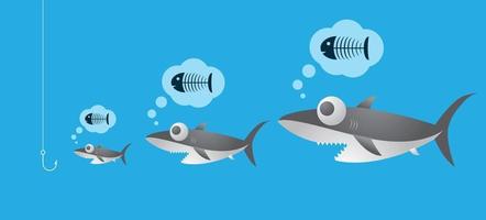 los peces pequeños comen peces grandes. unidad, trabajo en equipo, organizar el concepto. los peces se unen para luchar con los peces grandes. ilustración vectorial vector