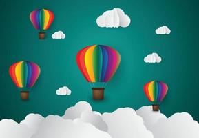 paper art style. Origami made colorful air balloon cloud. blue sky and sunset vector